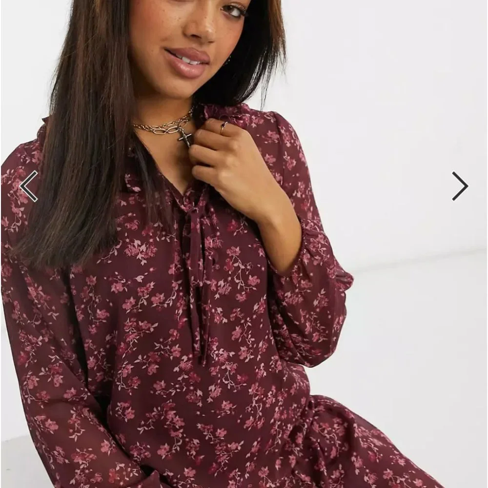 Frill Neck Chiffon Smock Floral Mini Dress - Picture 8 of 8